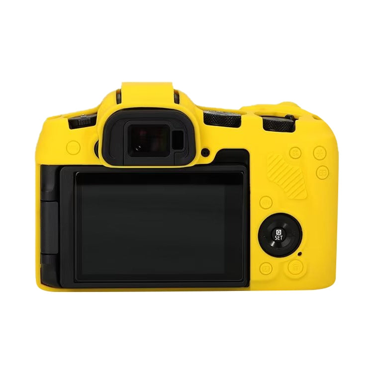 Yellow soft silicone protective case for Canon EOS R8 camera, showcasing its snug fit and durable design.